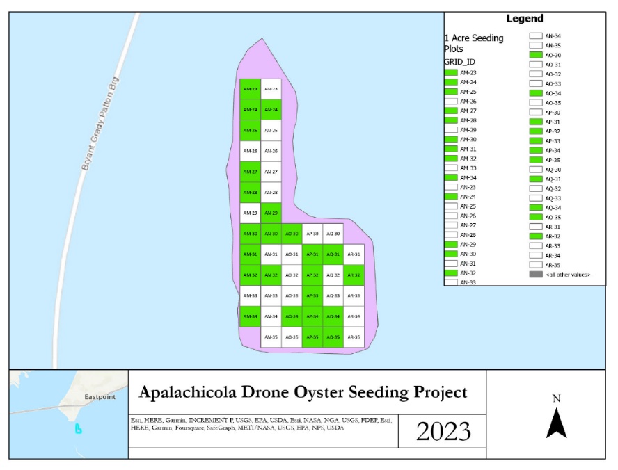 Apalachicola Drone Oyster Seeding Project — one-acre seeding grids, 2023, by AquaTech Eco Consultants