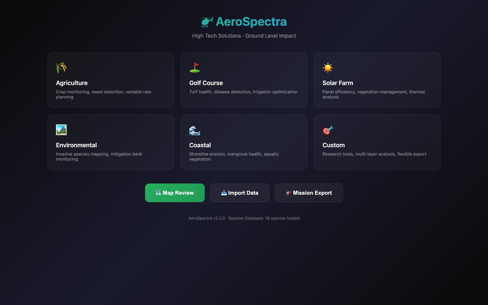 AeroSpectra dashboard — project types